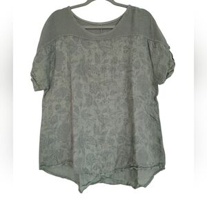 Lungo L’arno Green Floral Linen Short Sleeve Lagenlook Eco Tunic Top